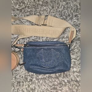 True Religion Denim Crossbody Pouch with Beige Strap